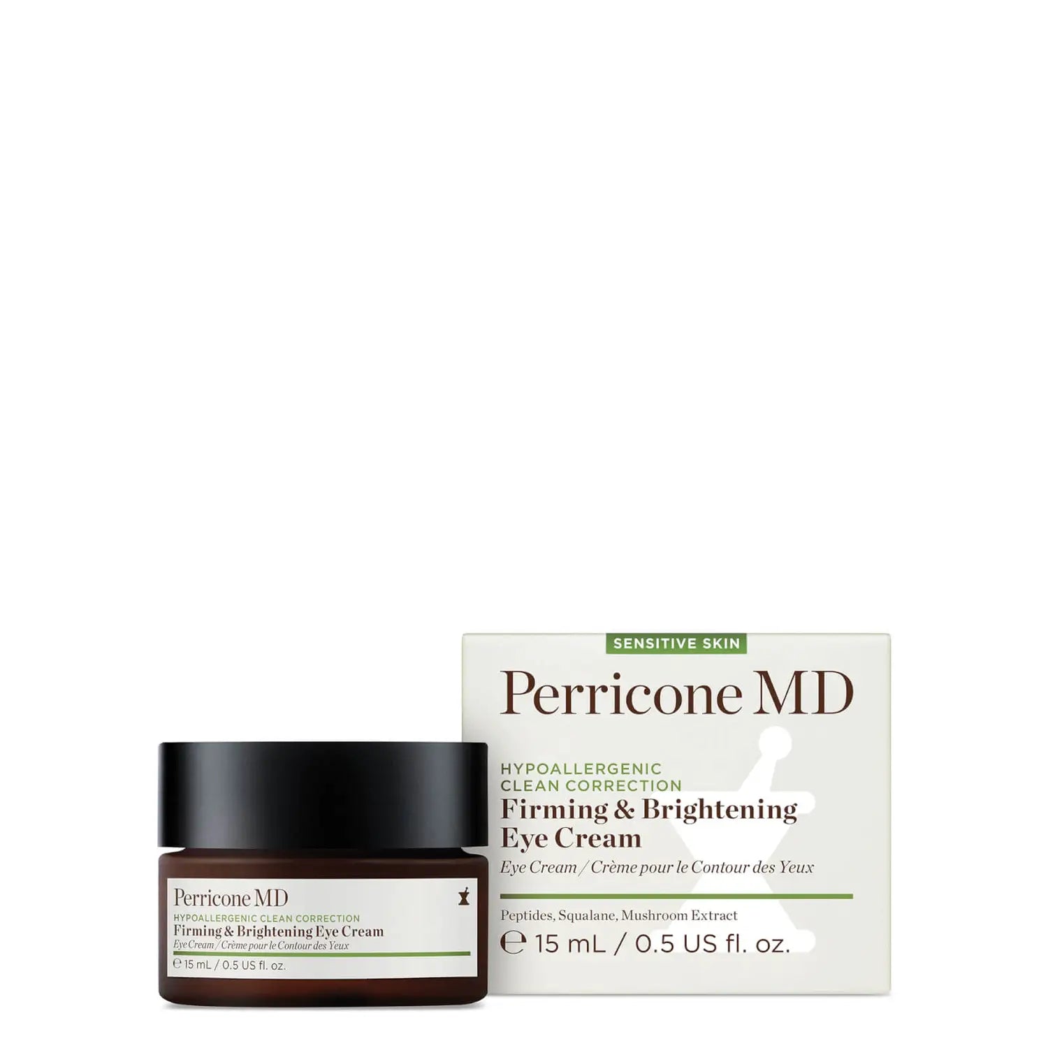 Un frasco y una caja de Perricone MD Hypoallergenic Clean Correction Eye Cream, 15 ml; reafirma e ilumina la piel.