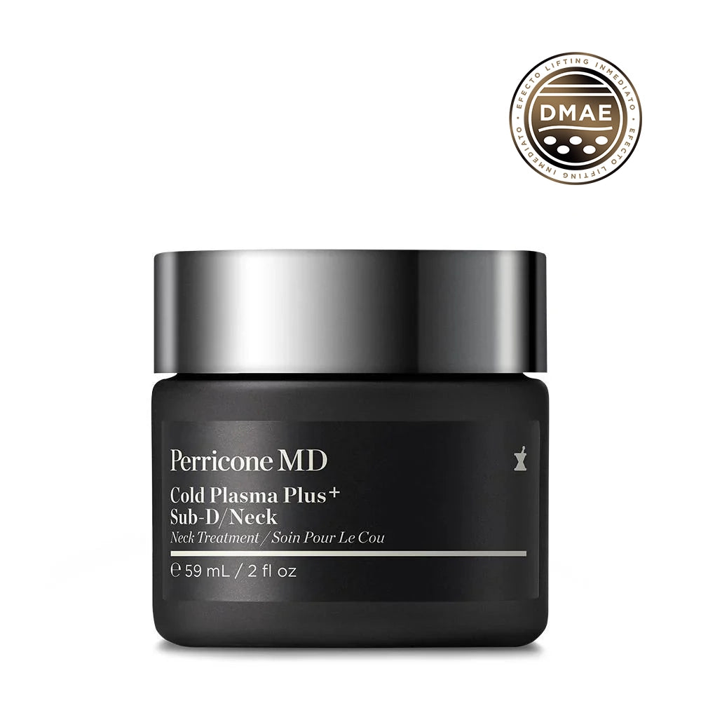 Un frasco de crema Perricone MD Cold Plasma Plus+ Sub-D/Neck, con un sello DMAE dorado en la esquina superior derecha.
