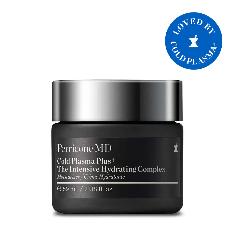 Un frasco negro de 59 ml de Perricone MD Cold Plasma Plus+ The Intensive Hydrating Complex con una insignia azul.