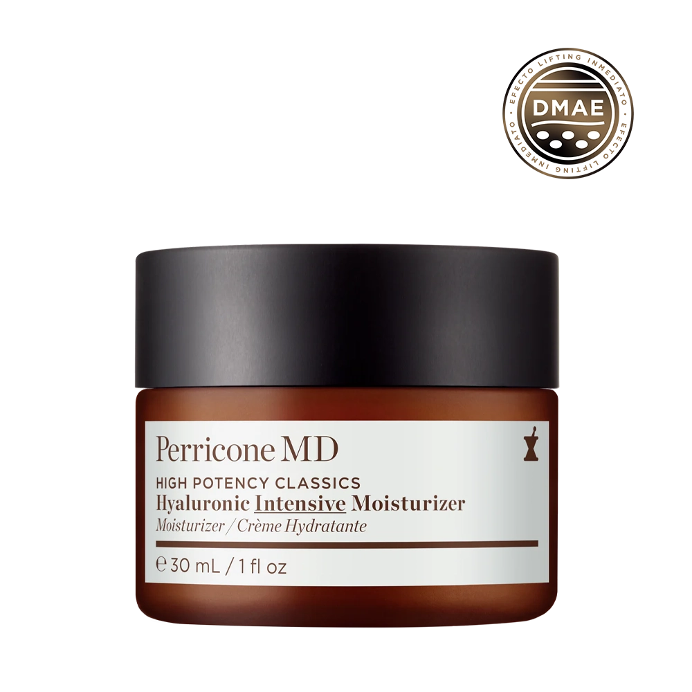 Frasco de Perricone MD High Potency Classics Hyaluronic Intensive Moisturizer con un sello DMAE antienvejecimiento.