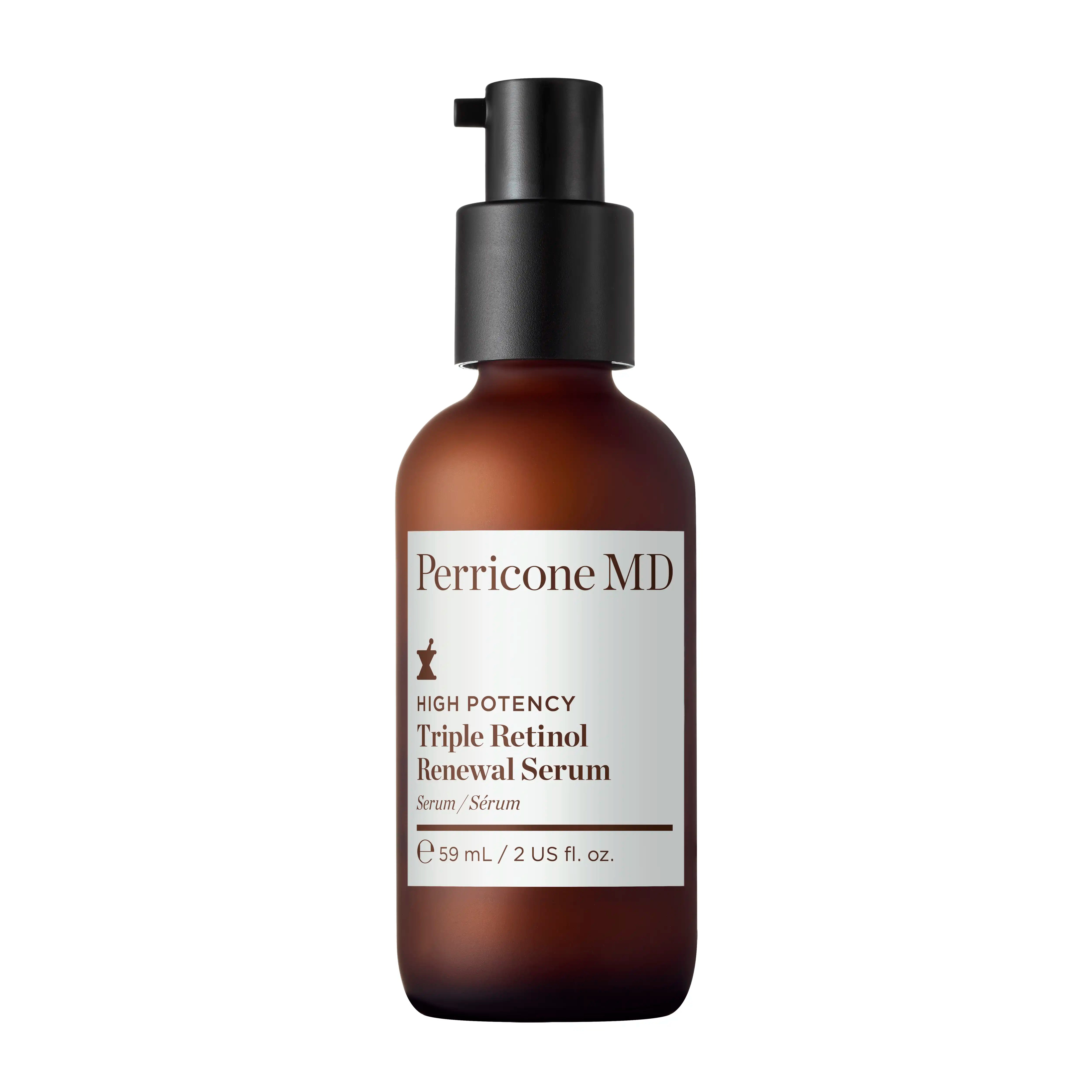 Perricone MD High Potency Triple Retinol Renewal Serum en envase ámbar con dispensador, sérum antiedad con retinol de alta potencia