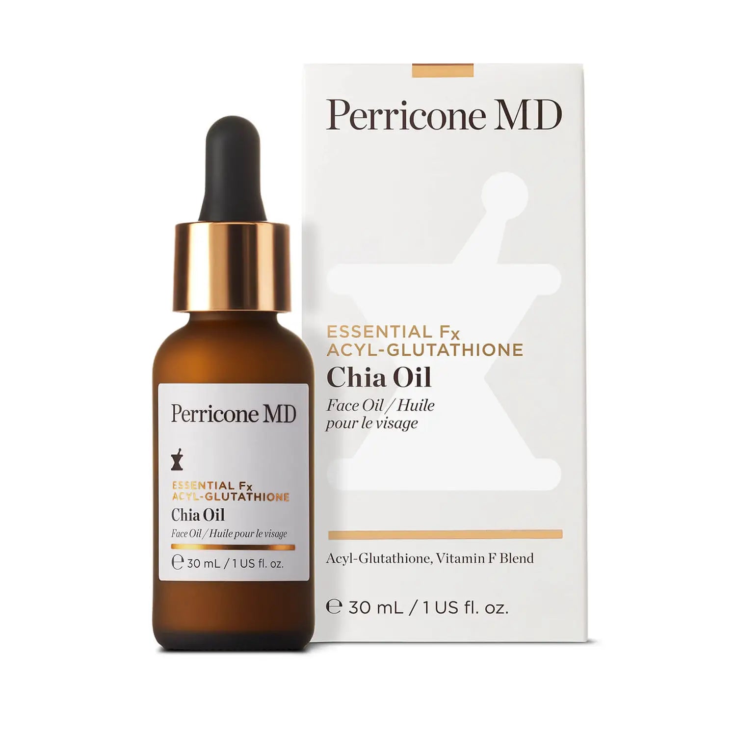 Essential Fx Chia Oil Perricone MD de 30ml con gotero mostrado junto a su caja de embalaje.