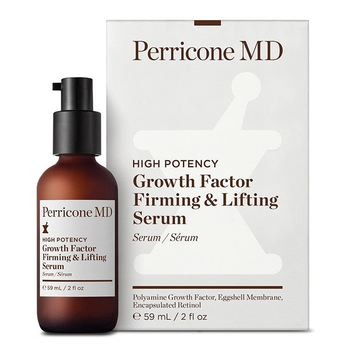 Un frasco y una caja de Perricone MD High Potency Growth Factor Firming & Lifting Serum, 59 ml / 2 fl oz.