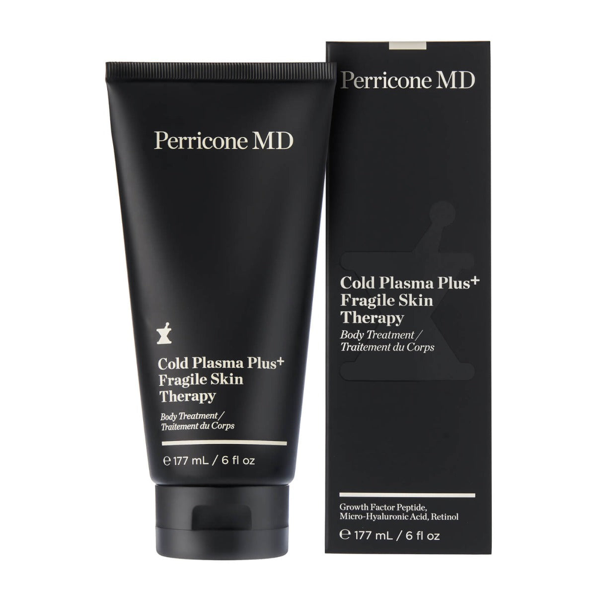 Un tubo negro y una caja de Perricone MD Cold Plasma Plus+ Fragile Skin Therapy, 177 ml, para una hidratación corporal profunda.
