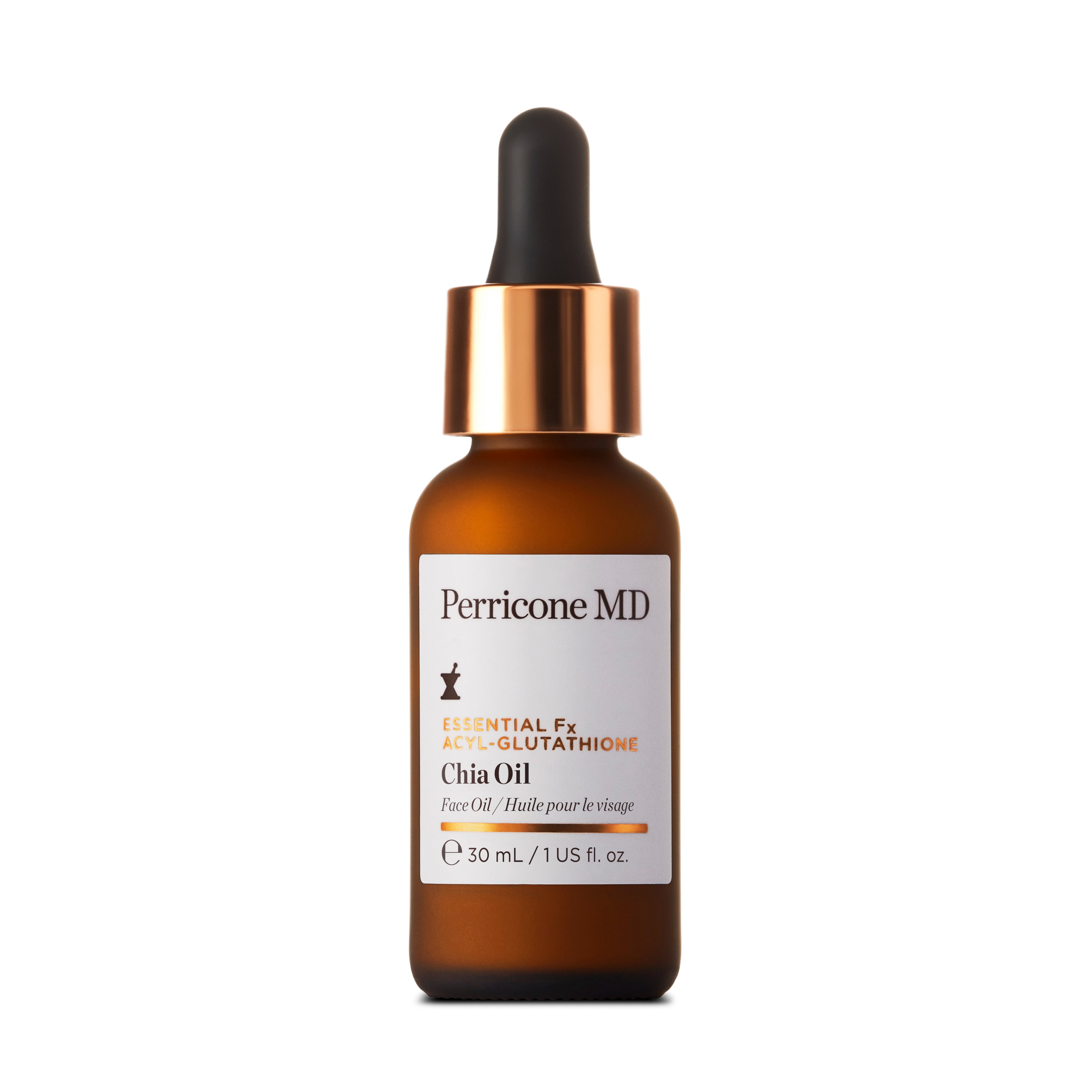 Frasco marrón de 30 ml de Essential Fx Chia Oil Perricone MD con tapón dorado y etiqueta blanca.