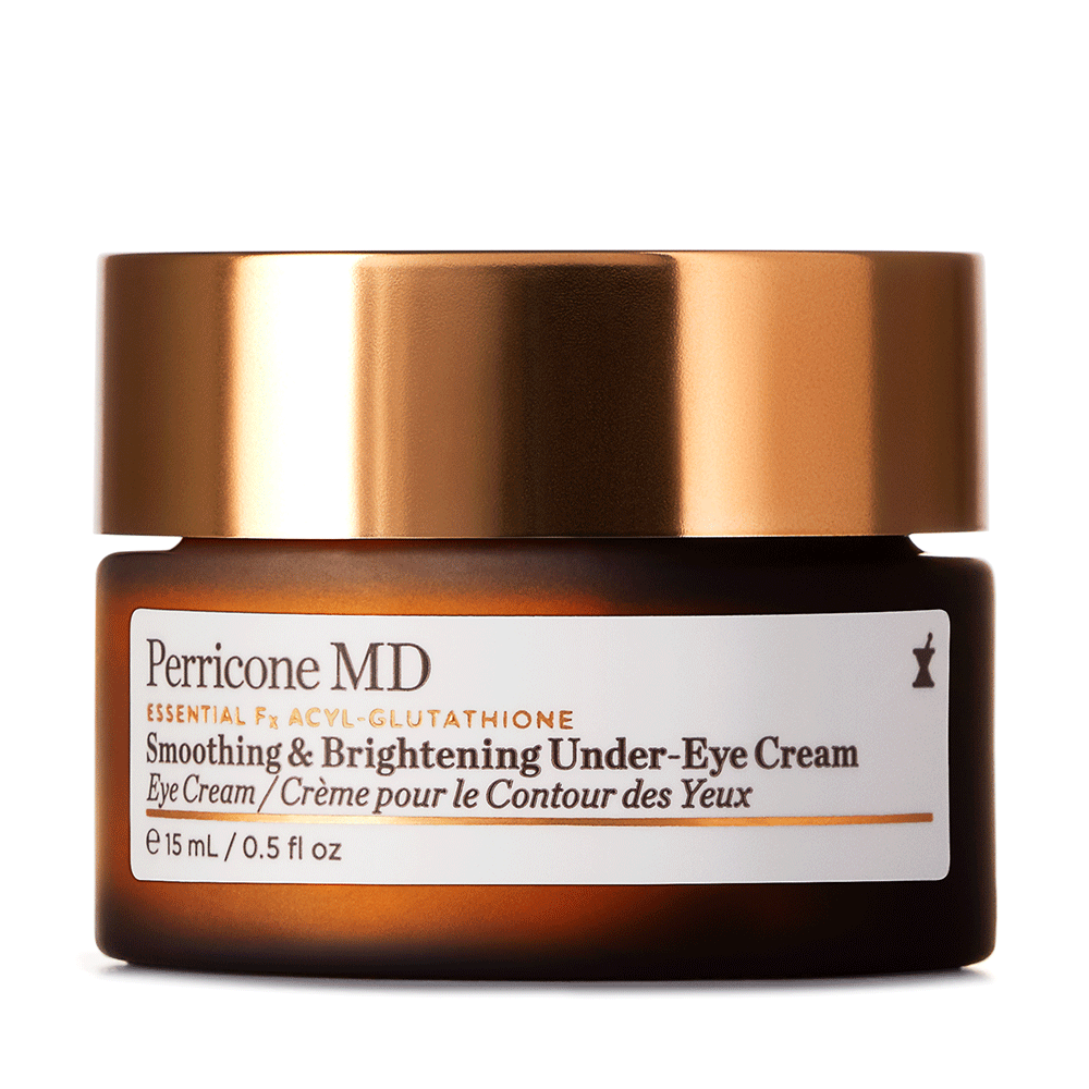 Frasco de 15ml de crema suavizante e iluminadora para contorno de ojos Perricone MD Essential Fx con tapa bronce.
