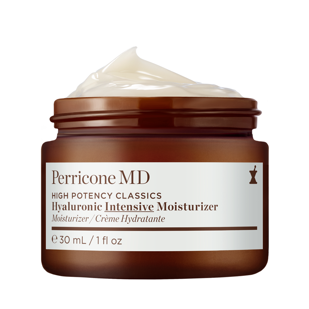 Un frasco abierto de Perricone MD High Potency Classics Hyaluronic Intensive Moisturizer, 30 ml / 1 fl oz.