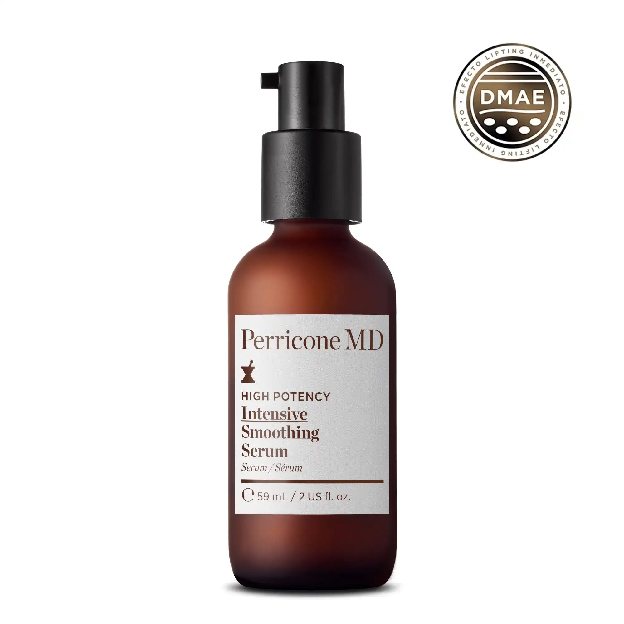 Frasco del sérum Perricone MD High Potency Intensive Smoothing Serum de 59 ml con dosificador negro sobre fondo blanco.