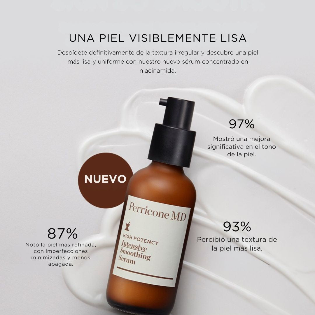 Imagen promocional del High Potency Intensive Smoothing Serum mostrando resultados clínicos con mejora visible en tono y textura de la piel.
