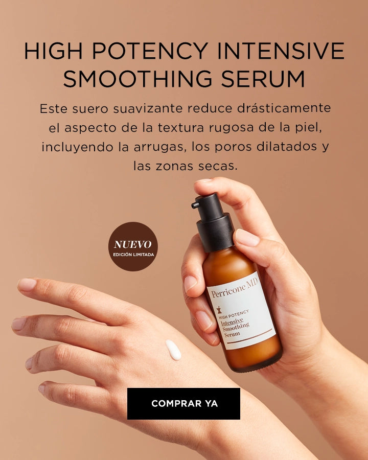 Banner promocional móvil del High Potency Intensive Smoothing Serum con imagen del producto aplicado en la mano y mensaje sobre mejora de textura, poros y arrugas.