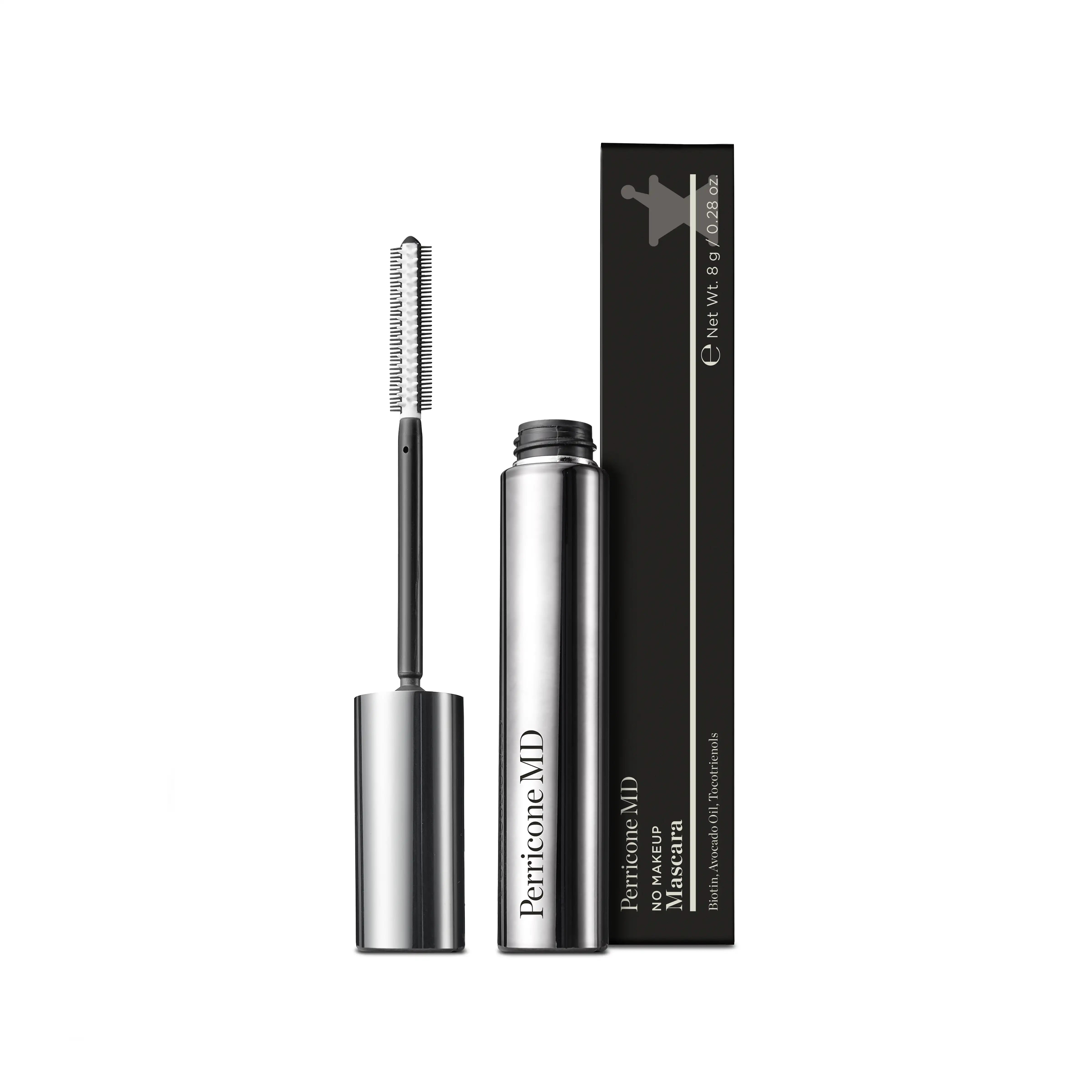 Máscara No Makeup Mascara de Perricone MD tono Blackest Black con brocha y caja visibles.