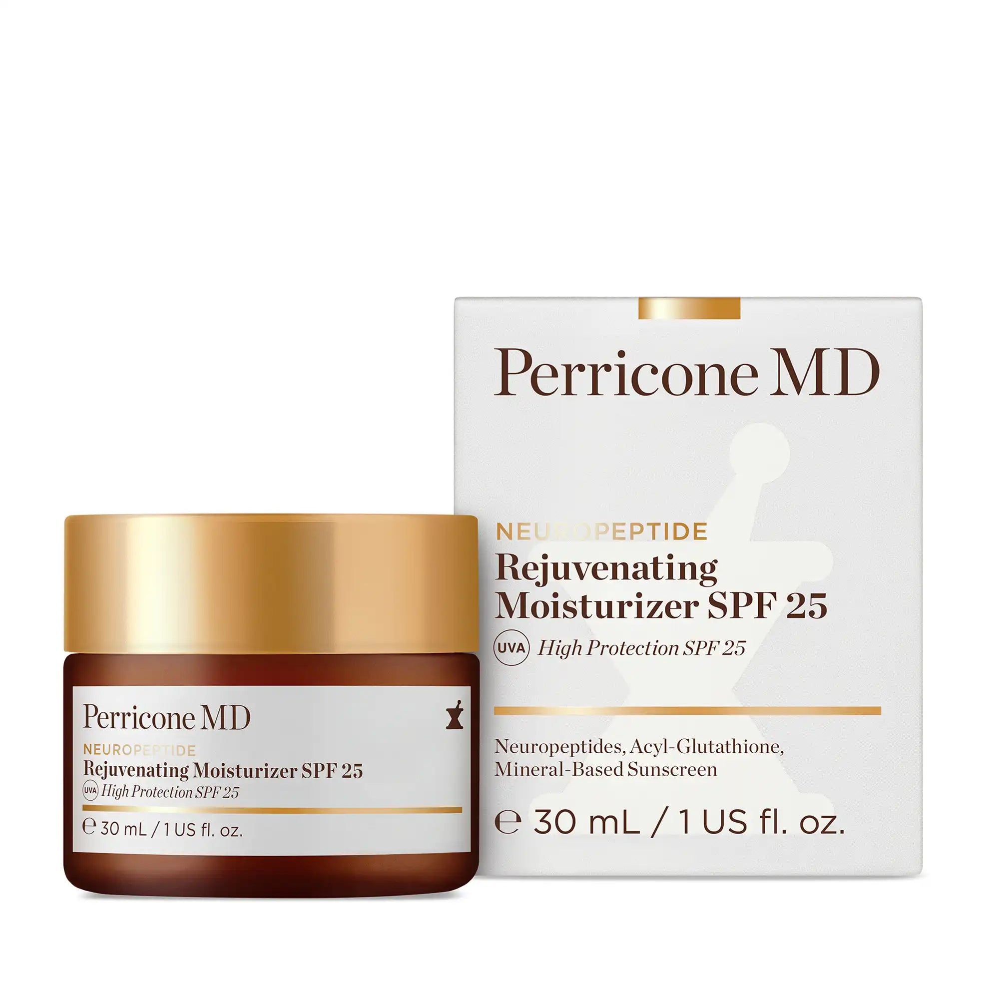 Tarro y packaging de Perricone MD Neuropeptide Rejuvenating Moisturizer SPF 25 con protección solar mineral y beneficios reafirmantes.