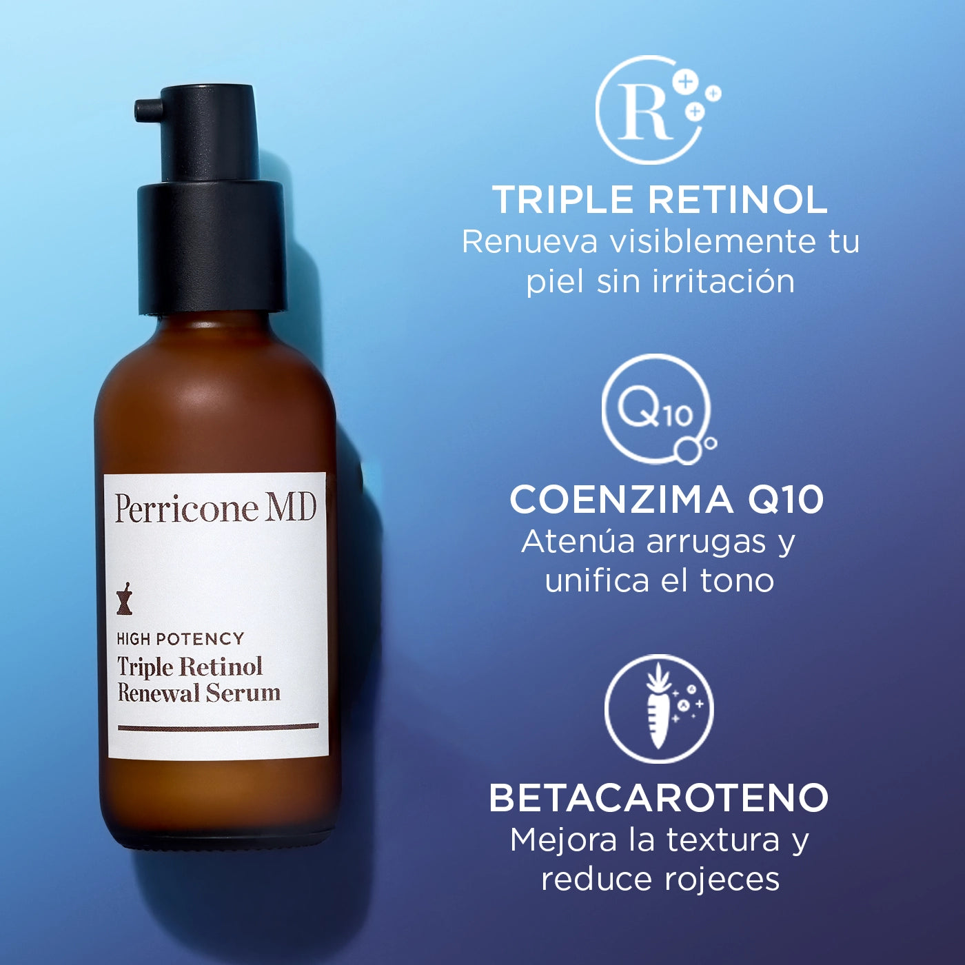 Ingredientes clave de Perricone MD Triple Retinol Renewal Serum: triple retinol, coenzima Q10 y betacaroteno para renovar, unificar tono y mejorar textura