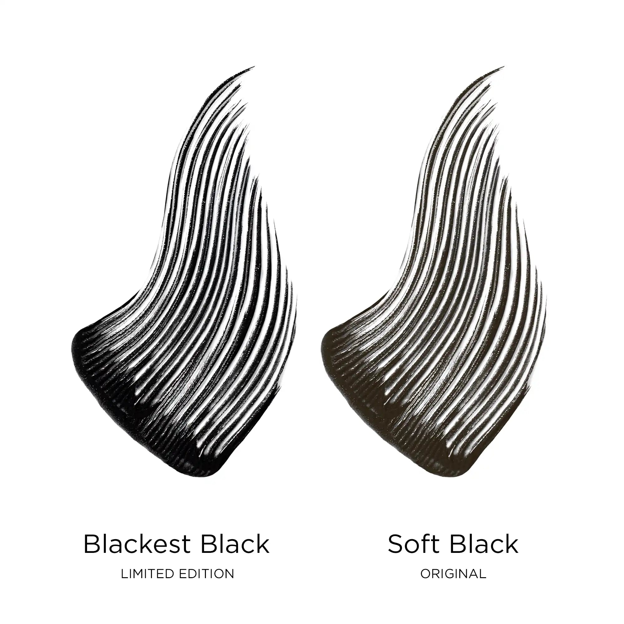 Comparación visual entre los tonos Blackest Black y Soft Black de la máscara No Makeup Mascara.