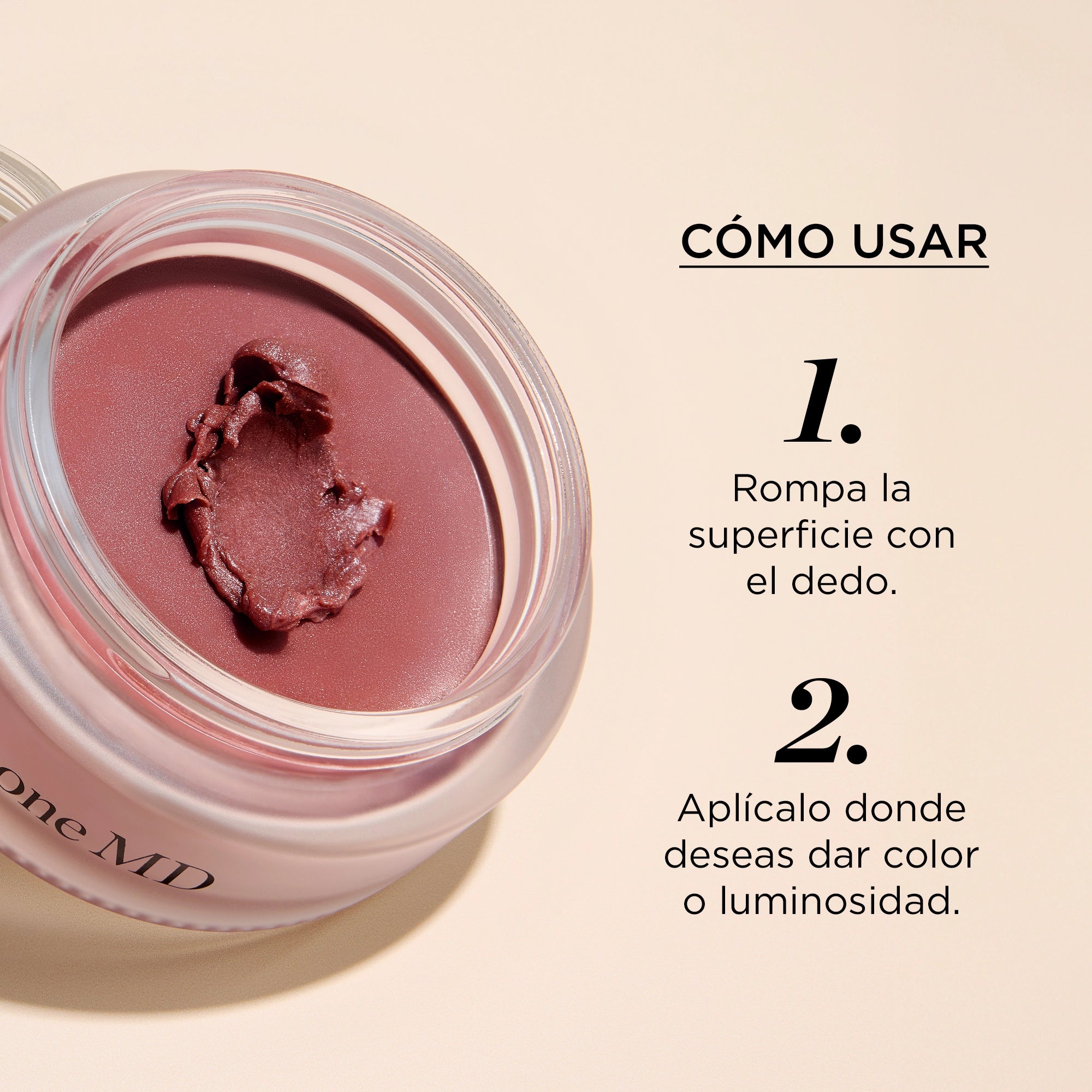 No Makeup Radiant Glow Balm de Perricone MD en tono rosado con instrucciones de uso: 1. Romper la superficie con el dedo. 2. Aplicar donde se desee dar color o luminosidad.