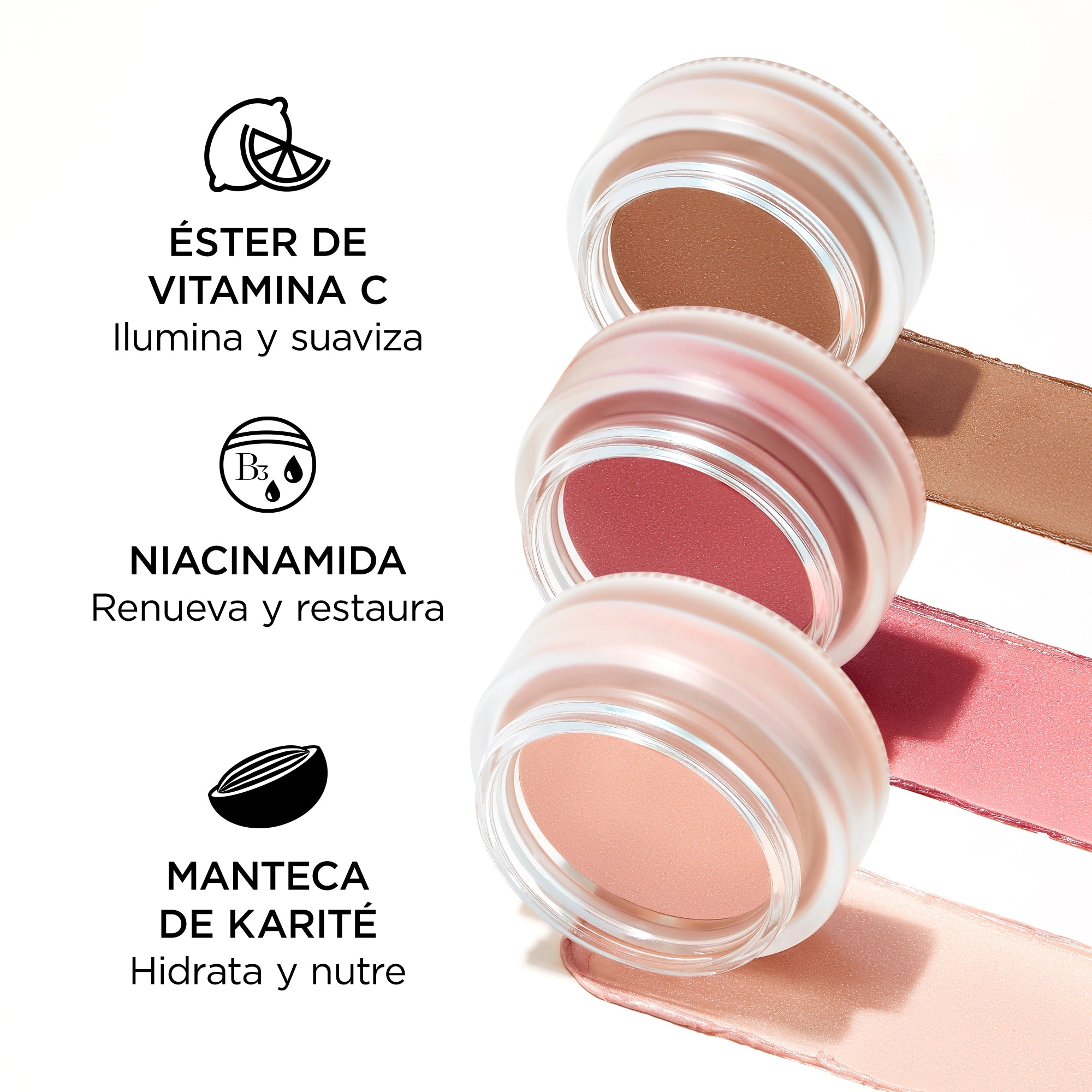 Tres tonos del No Makeup Radiant Glow Balm de Perricone MD con trazos de color. Ingredientes destacados: éster de vitamina C que ilumina y suaviza, niacinamida que renueva y restaura, y manteca de karité que hidrata y nutre.