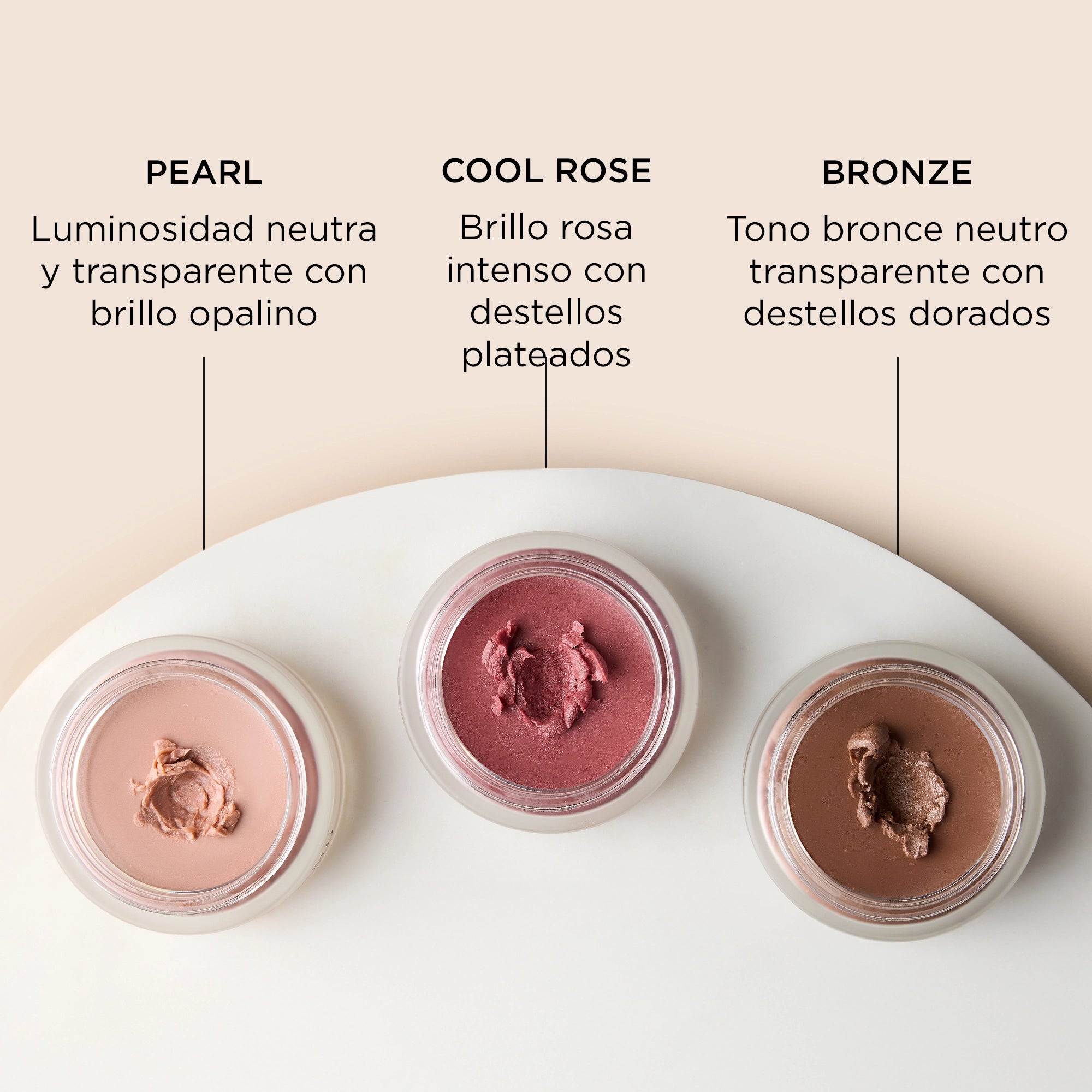Tres tonos del No Makeup Radiant Glow Balm de Perricone MD: Pearl, luminosidad neutra y transparente con brillo opalino; Cool Rose, brillo rosa intenso con destellos plateados; y Bronze, tono bronce neutro transparente con destellos dorados.