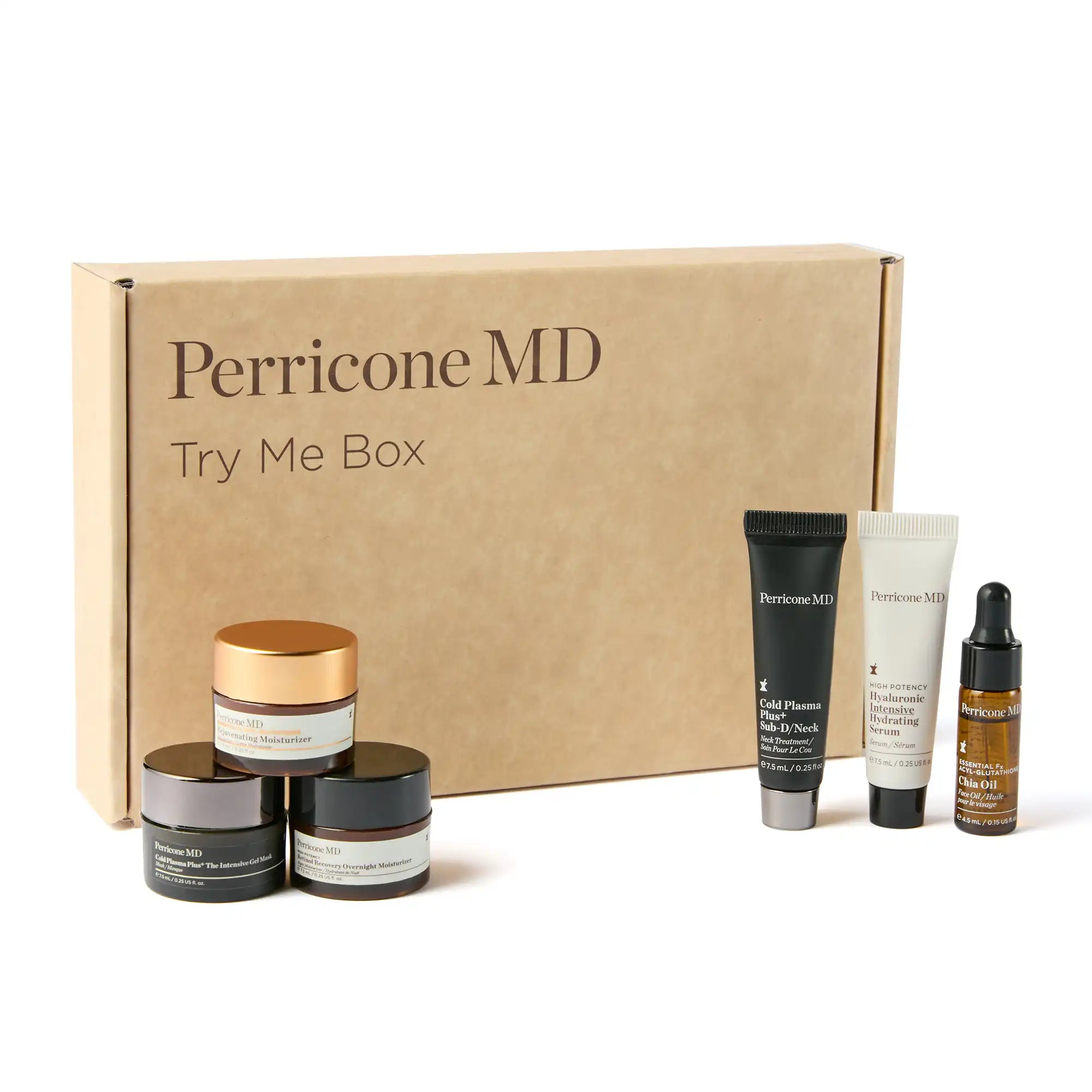 Caja de cartón con 6 envases de producto posicionados delante de ella, que componen el kit Try Me Box