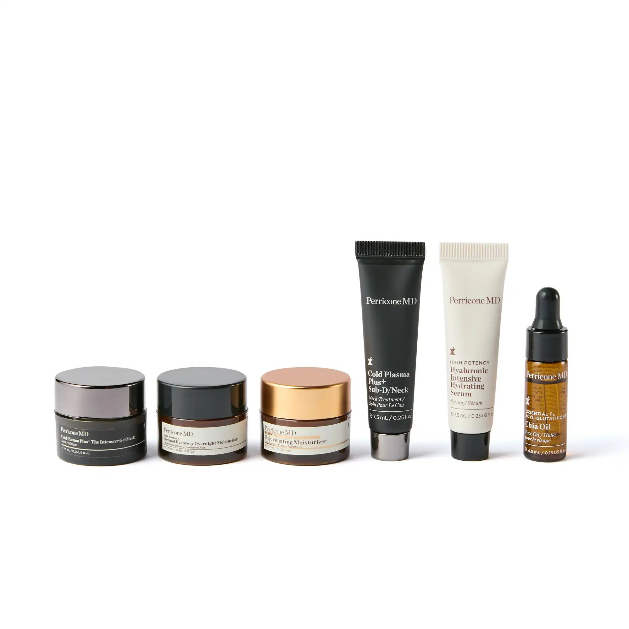 Los 6 envases de productos del kit Try Me box posicionados en fila, uno al lado del otro con fondo blanco
