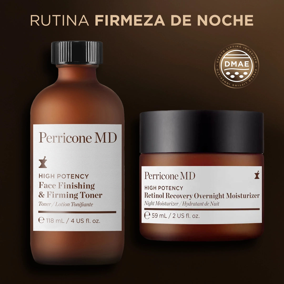 Dos productos Perricone MD para el cuidado de la piel rutina de noche: un tónico Face Finishing & Firming Toner y una crema hidratante Retinol Recovery Overnight Moisturizer