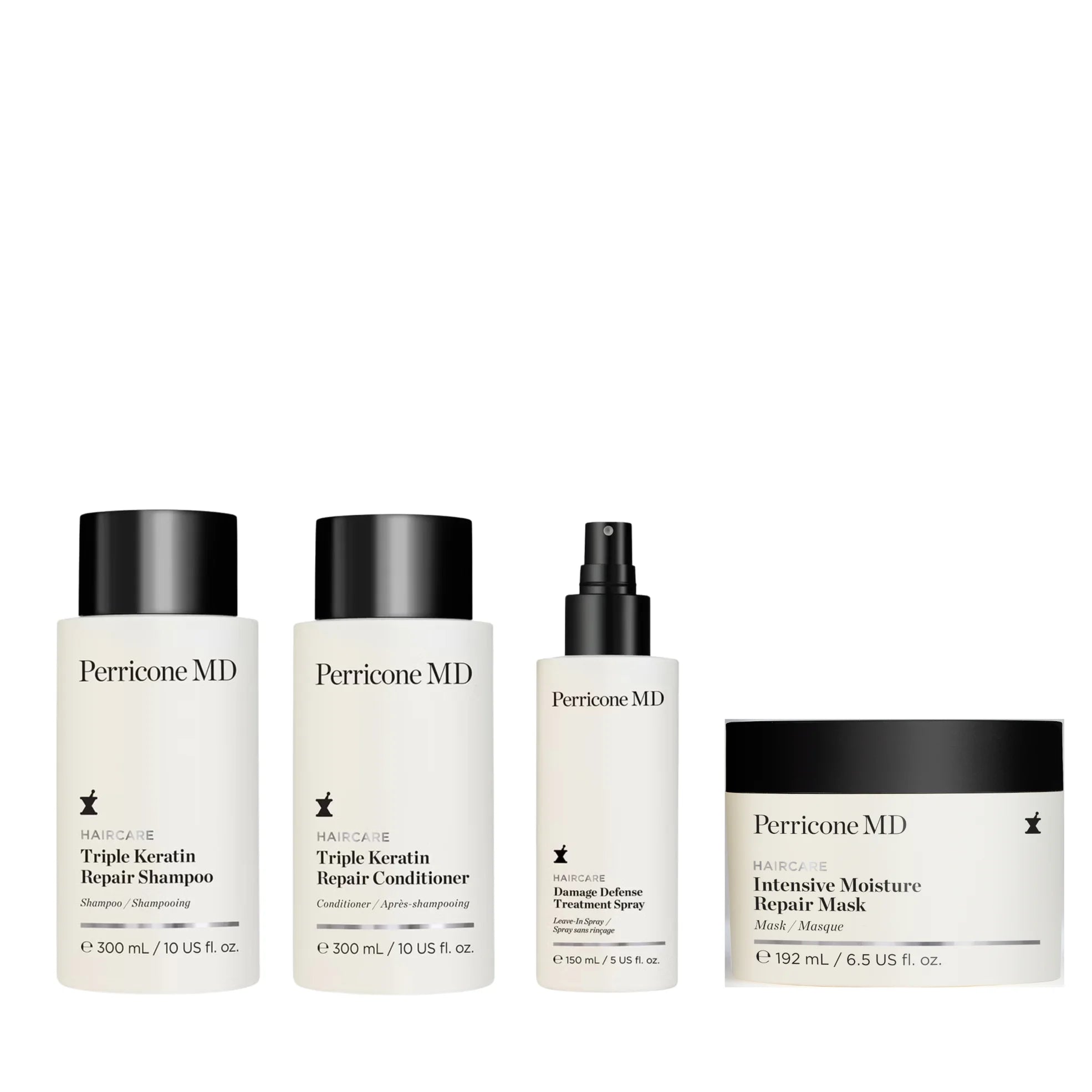 Los envases de los 4 productos que forman parte del kit para el cuidado de cabello de Perricone MD