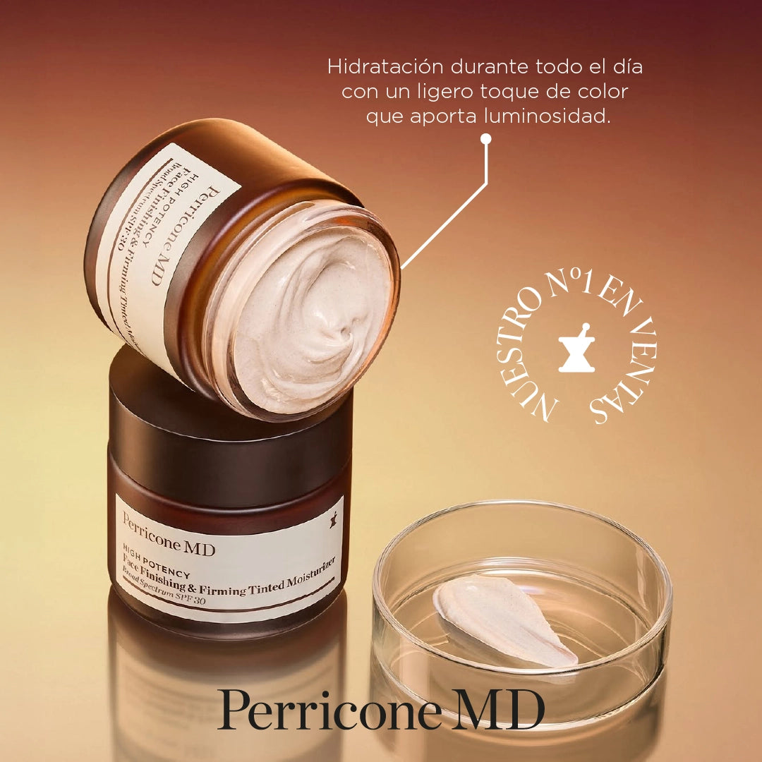 Dos envases de la crema Face Finishing Firming Tinted Moisturizer, uno encima del otro. Al lado aparece el texto "hidratación durante todo el día con un ligero toque de color que apporta luminosidad"