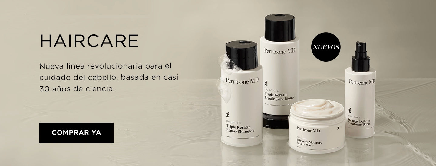 Bodegón de los productos de la línea de cuidado del cabello de Perricone MD que incluye champú, acondicionadaor, spray y mascarilla.