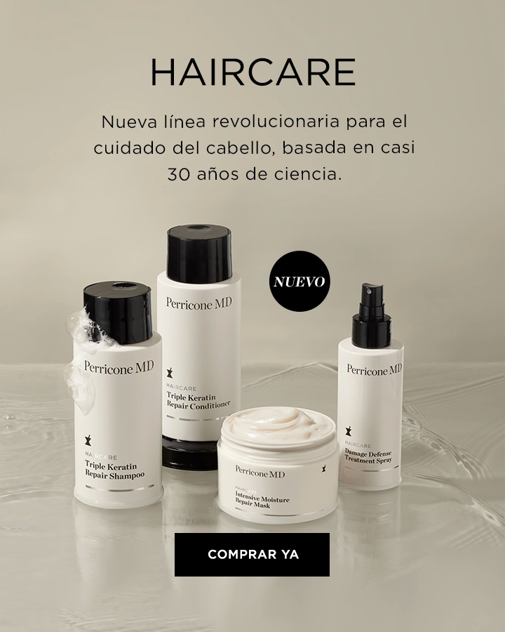 Bodegón de los productos del cuidado de cabello de Perricone MD que incluye champú, acondicionador, mascarilla y spray tratamiento.