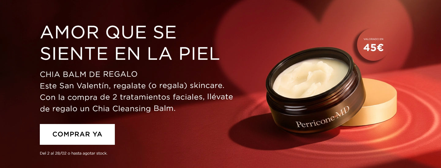 Tarro de Chia Cleansing Balm de Perricone MD sobre fondo rojo. Promoción: Chia Cleansing Balm de regalo al comprar dos tratamientos faciales.