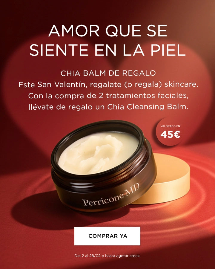 Tarro de Chia Cleansing Balm de Perricone MD sobre fondo rojo. Promoción: Chia Cleansing Balm de regalo al comprar dos tratamientos faciales.
