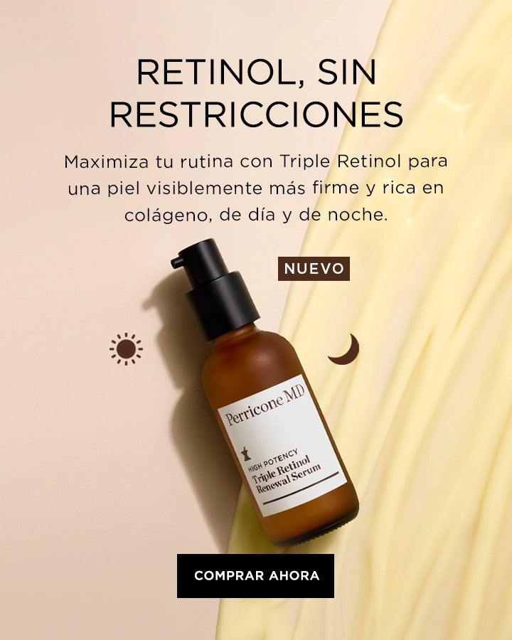 Banner promocional Perricone MD Triple Retinol Renewal Serum formato móvil, retinol sin restricciones para piel firme y rica en colágeno, uso día y noche