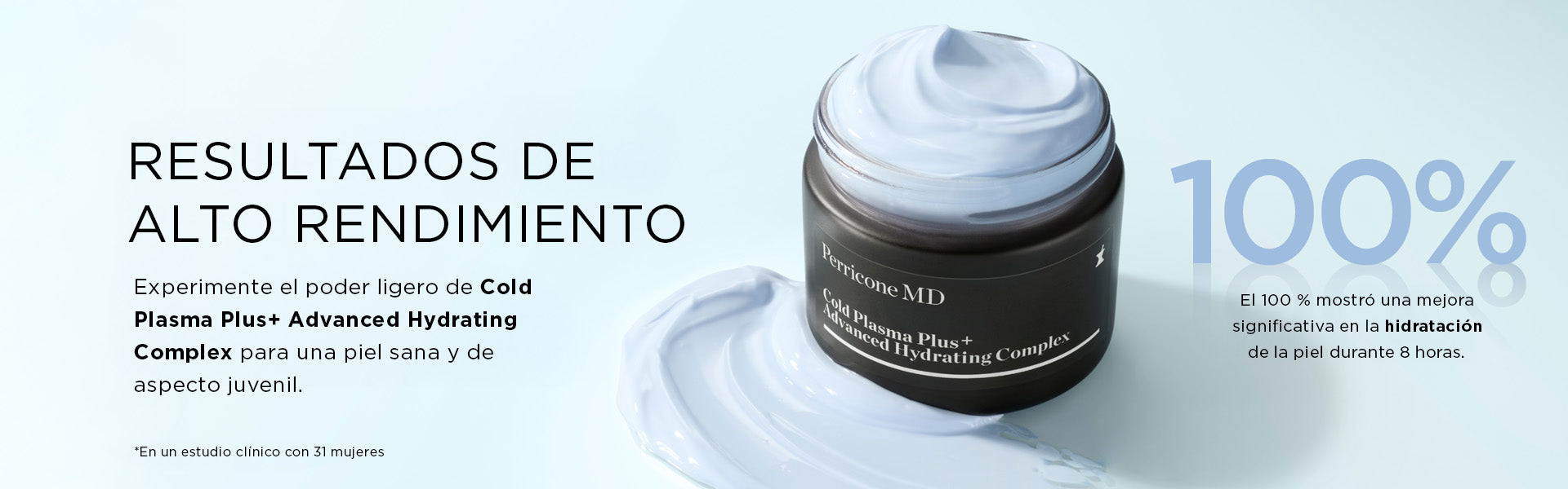 Banner de la nueva crema hidratante Cold Plasma Plus+ Advanced Hydrating Complex. Según estudio 100% de los consumidores han notado una mejora en la hidratación de la piel