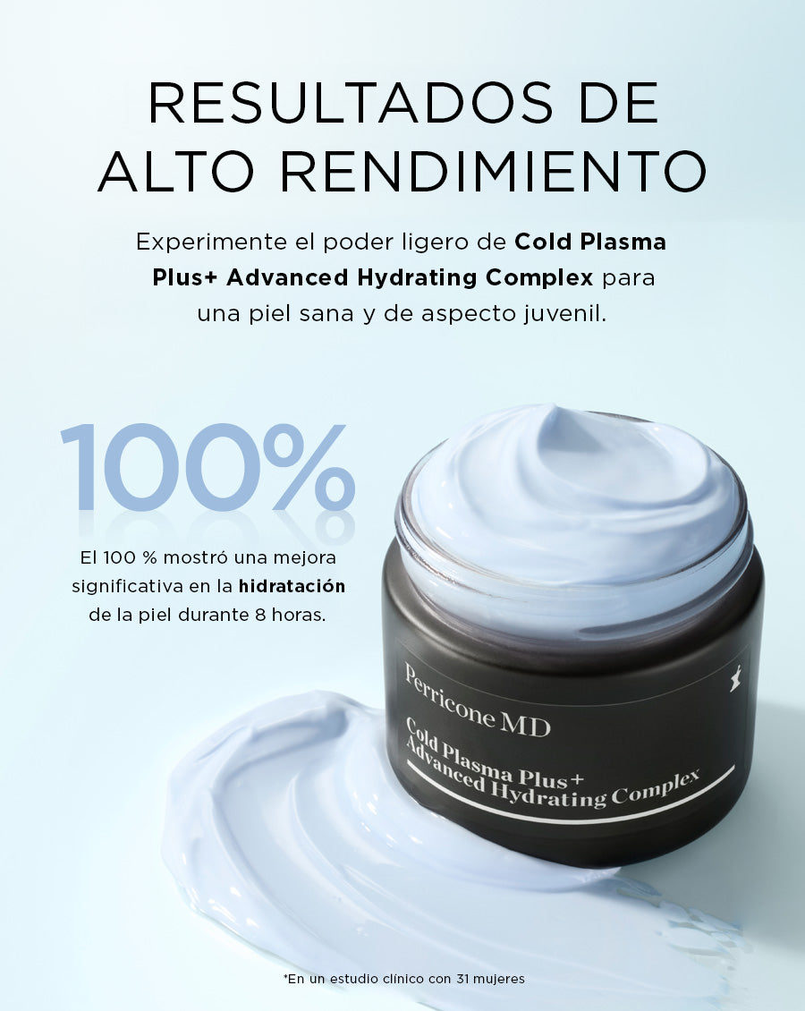 Banner de la nueva crema hidratante Cold Plasma Plus+ Advanced Hydrating Complex. Según estudio 100% de los consumidores han notado una mejora en la hidratación de la piel