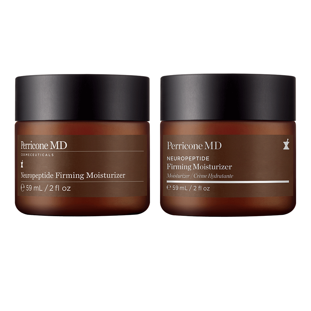 Dos frascos de Perricone MD Neuropeptide Firming Moisturizer con neuropéptidos y antioxidantes para reafirmar.